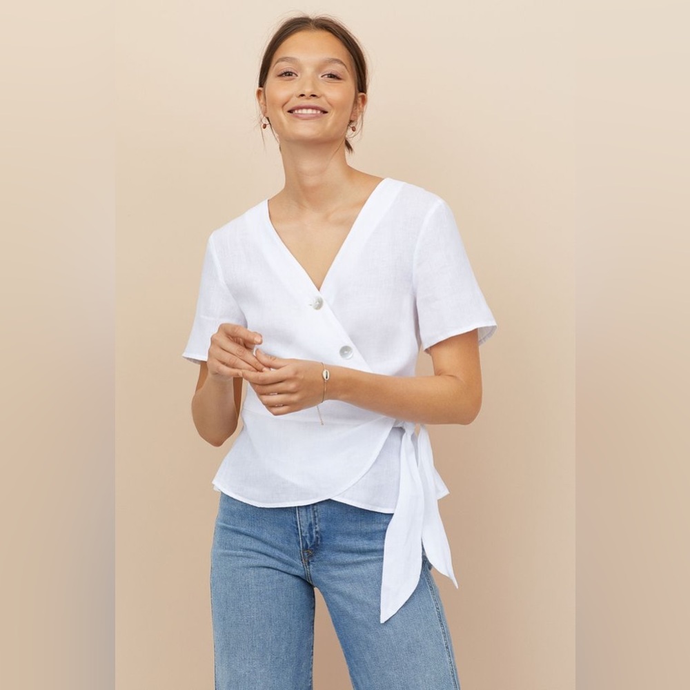H&M White Short-Sleeve Wrap Blouse with Side Tie